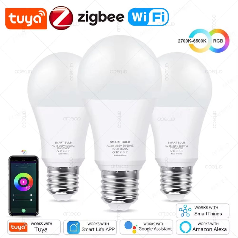 Lâmpada LED Tuya E27 Zigbee Smart – RGB+CW+WW, 15W/18W, Controle via Wi-Fi, Compatível com Alexa e Google Home para Decoração de Ambiente