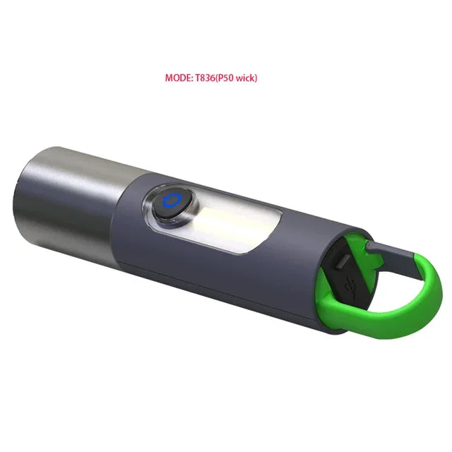 Lanterna LED P50 Zoom Recarregável – Luz Forte com Laser Branco, USB e Gancho para Acampamento e Atividades ao Ar Livre