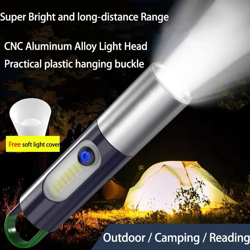 Lanterna LED P50 Zoom Recarregável – Luz Forte com Laser Branco, USB e Gancho para Acampamento e Atividades ao Ar Livre