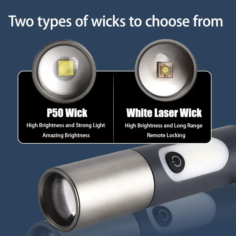 Lanterna LED P50 Zoom Recarregável – Luz Forte com Laser Branco, USB e Gancho para Acampamento e Atividades ao Ar Livre