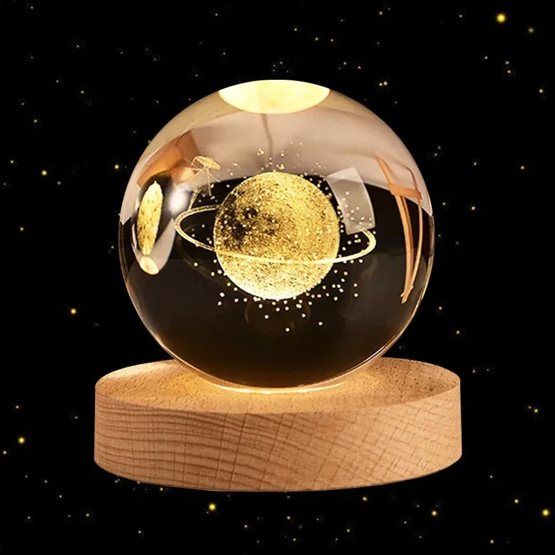 Bola de Cristal 3D – Com Base de Madeira, Decoração Astronômica para Casa e Mesa