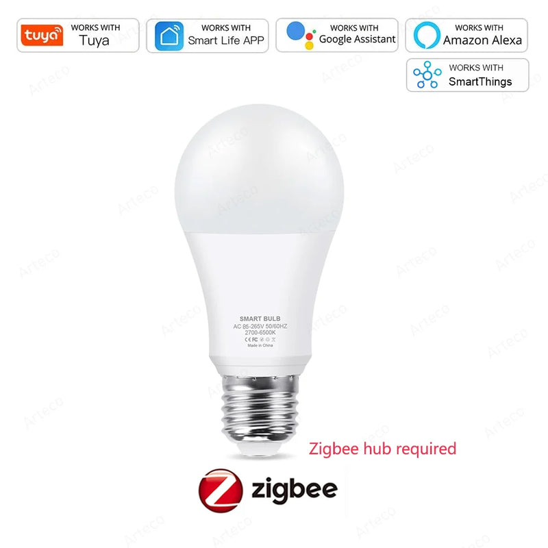 Lâmpada LED Tuya E27 Zigbee Smart – RGB+CW+WW, 15W/18W, Controle via Wi-Fi, Compatível com Alexa e Google Home para Decoração de Ambiente